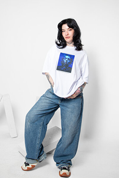 Bak Moda I Dove Deep Štampano Oversize kroj Unisex bela majica