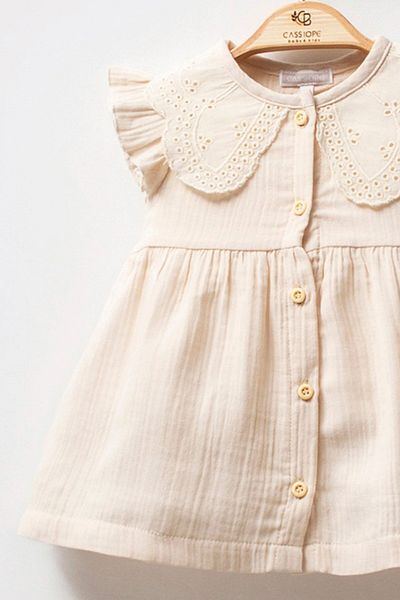 Cassiope Short Sleeve Lace Collar Muslin Fabric Cotton Summer Front Buttoned Special Occasion Baby Girl Dress