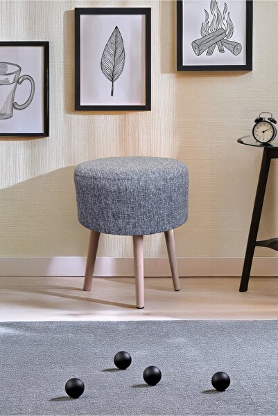 YAPKAR Gürgen Naturel Ahşap Ayak Krem Gri Keten Kumaş Pofidik Puf