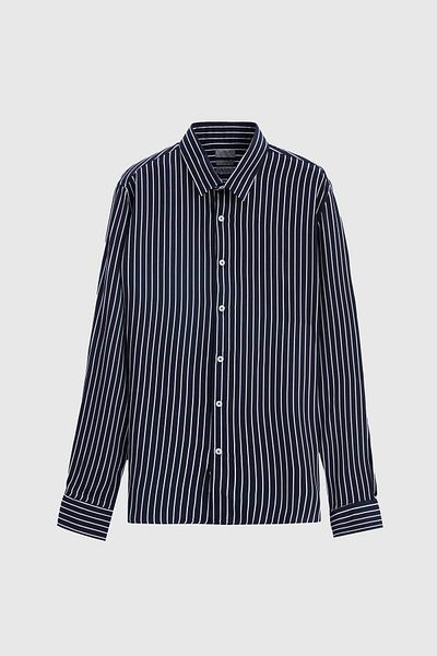 Twn Slim Fit Navy Blue Striped Viscose Shirt