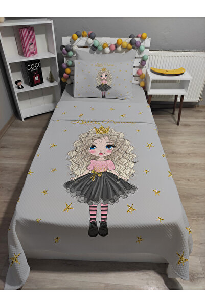 yok yok evim eve dair her şey 4 Piece Little Pirencess Patterned Gray Elastic Sheet Single Pique Bedspread Set