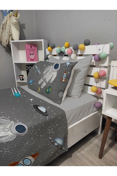 yok yok evim eve dair her şey 4 Piece Astronaut Patterned Single Pique Bedspread Set with Elastic Sheets