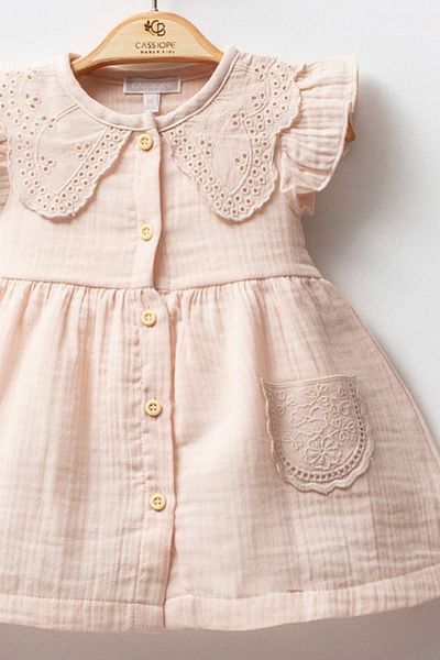 Cassiope Short Sleeve Lace Collar Muslin Fabric Cotton Summer Front Buttoned Special Occasion Baby Girl Dress