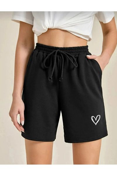 NO 601 Women's 2-Piece Classic Heart Printed Combed Cotton Shorts Gray-Black