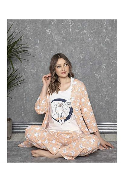 aryam butik Women's Zero Collar Pajama Set with Dressing Gown Set of 3