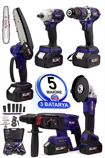 Millian Şarjlı 5 Makine 3 Batarya Akülü Kömürsüz Hilti - Taşlama - Somun Sökm...