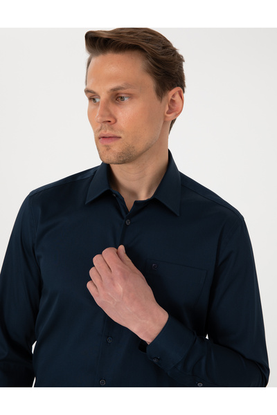 Pierre Cardin Lacivert Parlak Saten Regular Fit Uzun Kollu Basic Gömlek 50302972-VR033