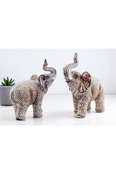 e-life shop Lüks İşlemeli Simli 2li Fil Biblo Seti Vitrin Süsü Yeni Ev Ofis H...