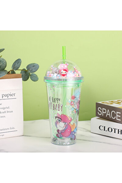 Livava Sevimli Işıklı ve Pipetli Bardak, 450 ml, Pullu ve Kapaklı, Yeşil, 20x8