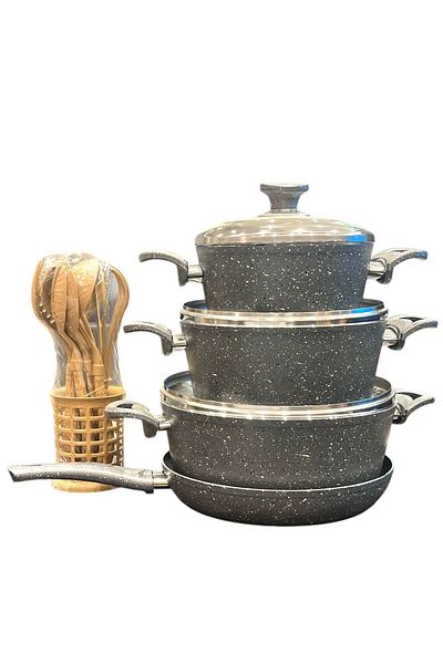 aljahwari 14-piece Turkish cookware set, marble, stainless steel lid