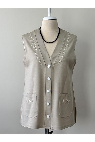 Özenli Triko Steel Knitted 5 Button Chest Embroidered Mother Vest Stone