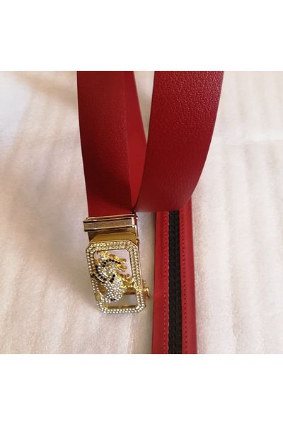 Butik Tülin Unisex Handmade Genuine Cowhide Leather Red Gold Cutout Shiny Crystal Stone Cock Automatic Buckle Belt