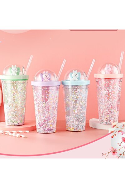 Livava Tavşanlı Işıklı ve Pipetli Bardak, 450 ml, Boncuklu ve Kapaklı, Pembe, 20x8