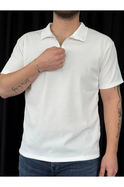 TEXTURA ✅   Men's Ottoman Fabric T-Shirt – Polo Collar, Half Zipper Detail