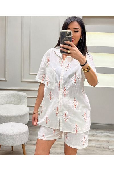 DAPHN ✅   Embroidered Print Shirt and Shorts Set – Relaxed Fit, Stylish Design