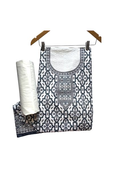 MAJESTIC STYLE FASHION Womens Unstitched material White and Navy Blue Geometric Pattern, Embroidered Neckline