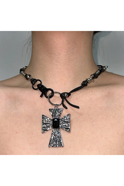 MİLALAZO Unisex Kalın Çaplı Çapraz Haç Kolye, Ayarlanabilir Siyah Kordon Goti...