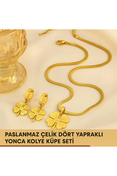TNY Paslanmaz Çelik Dört Yapraklı Yonca Kolye Küpe Seti - Altın Renk - Annele...