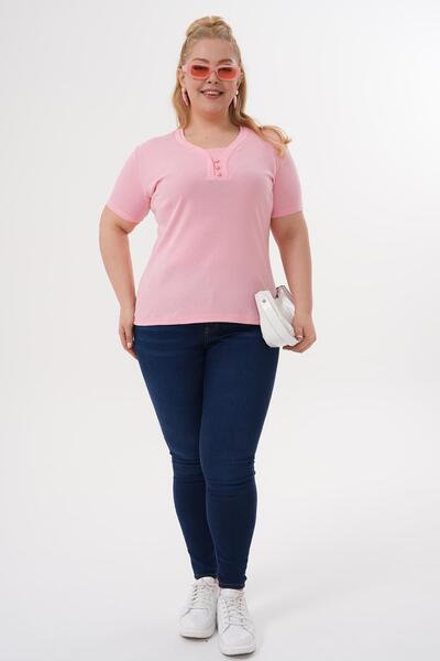 Siyezen Plus Size Cotton Blouse with Button Detail on the Collar