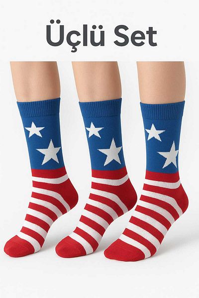 BS Parıltı Blue White Red Cotton Socket Unisex Star Patterned Socks Set (3 Pieces)