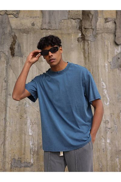 THIMOON Men's Navy Blue Washed Oversize T-Shirt – Vintage Back Printed Comfortable Fit 100% Cotton T-Shirt
