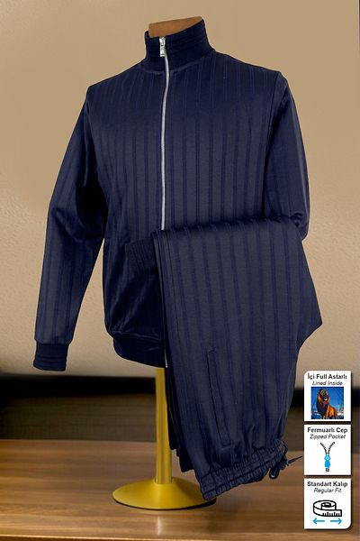 BESSA Ανδρικό σετ αθλητικής φόρμας Navy Blue Premium ριγέ ύφασμα ίσιο πόδι με τσέπες με φερμουάρ