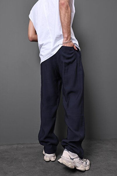 Slatra Men's Navy Blue Baggy Fit Viscose Linen Trousers