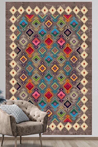 Serteks Yıkanabilir Kaymaz Tabanlı Dekoratif Kilim Halı Salon Halısı Mutfak A...