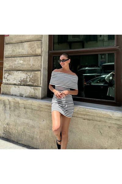 İLKCET MODA Striped Madonna Collar Stretchy Women's Dress