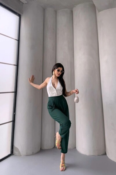 fatma keskin linna butik Kadın Harem Pantolon Krep Kumaş , Rahat Kalıp Zümrüt