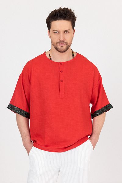 BABBOSS Wide Collar Half Button Ethnic Patterned Shirt