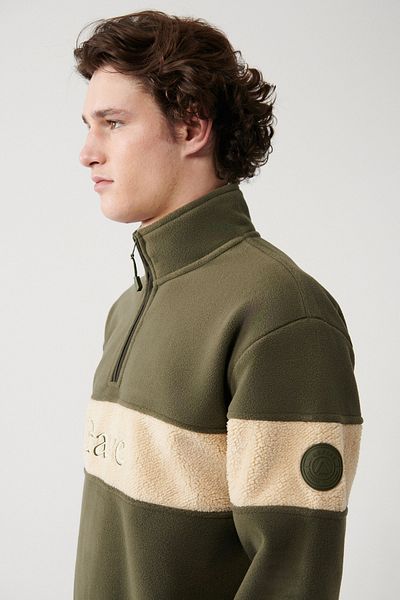 Avva Men's Khaki Half Zipper Stand Collar Pieced Fleece Sweatshirt A32Y1298