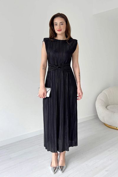 MODAMİNEM Women's Black Pleated Zero Sleeve Dress with Tie Detail