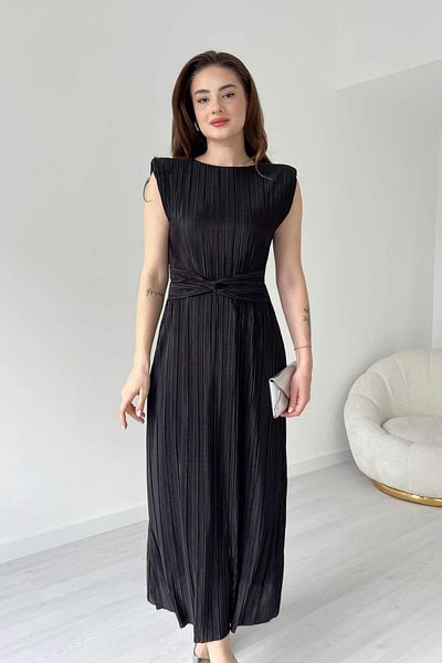 MODAMİNEM Women's Black Pleated Zero Sleeve Dress with Tie Detail