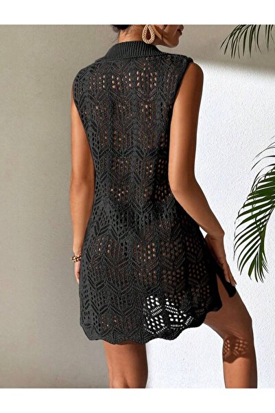 moda mh Πλεκτό φόρεμα παραλίας με ανοιχτό μοτίβο πουκάμισο με γιακά αμάνικο μοντέλο μπικίνι με κουμπιά