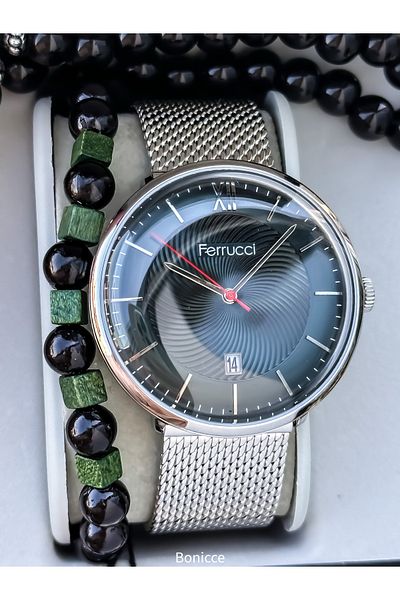 Ferrucci Brand Silver Color Steel Cord, Green Dial, Men's Wristwatch with Calendar, Bracelet, Rosary Gift