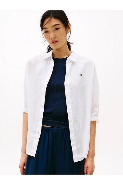 Tommy Hilfiger قميص نسائي أبيض بأكمام طويلة مخطط ومغلق بأزرار WW0WW46169-YCF
