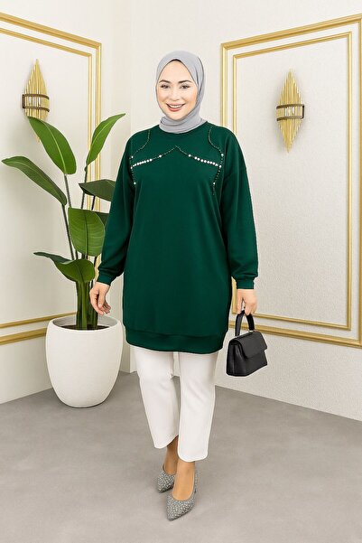 sd butique Salaş Sweatshirt Tunik- Inci Detaylı Kadın Tesettür Tunik - Rahat ...