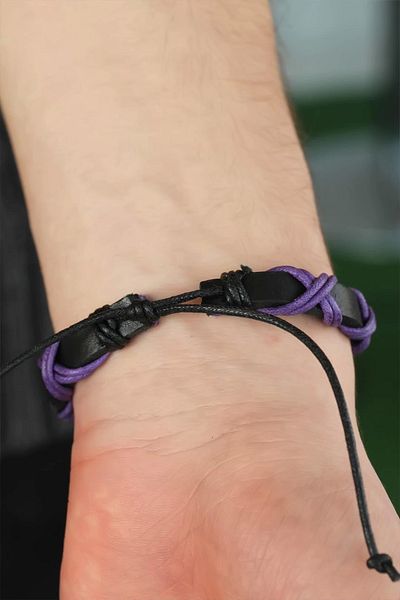modalem Purple Cross String Black Color Leather Men's Bracelet