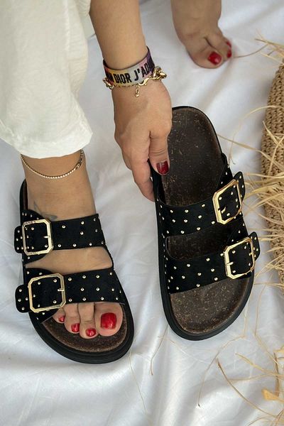 Shoebutik Dámské pantofle Glamour Black Suede - Double Banded Pin