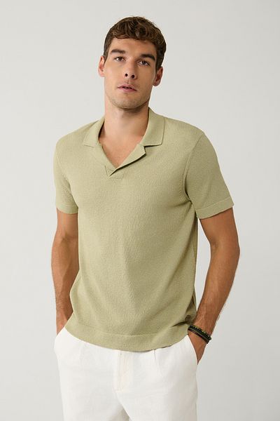 Avva Men's Light Khaki Apaj Collar Textured Knitwear T-Shirt A41Y5066