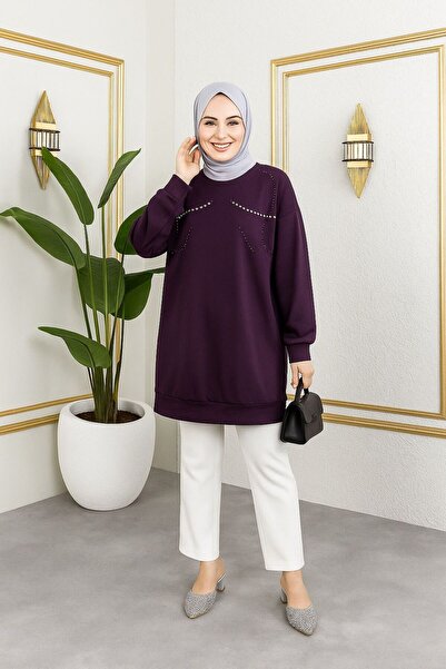 sd butique Salaş Sweatshirt Tunik- Inci Detaylı Kadın Tesettür Tunik - Rahat ...