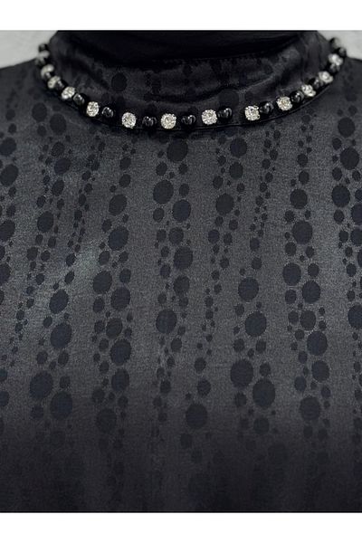 Ebrar Store Black Hafsa Ties on the Sleeves Jacquard Dress El1888