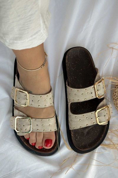 Shoebutik Papuci de damă Glamour cu dungi duble din piele intoarsa bej