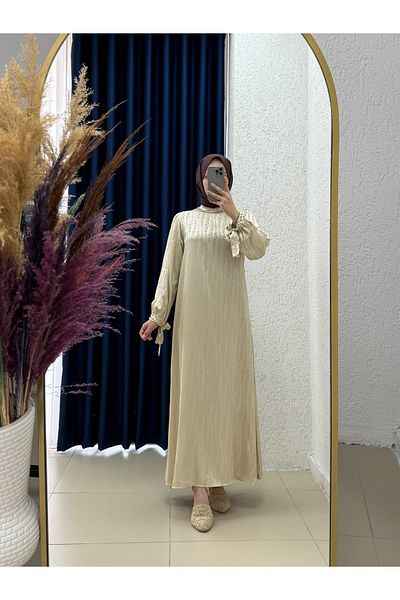 Ebrar Store Hafsa Jacquard Dress with Tied Sleeves-El1888 Stone