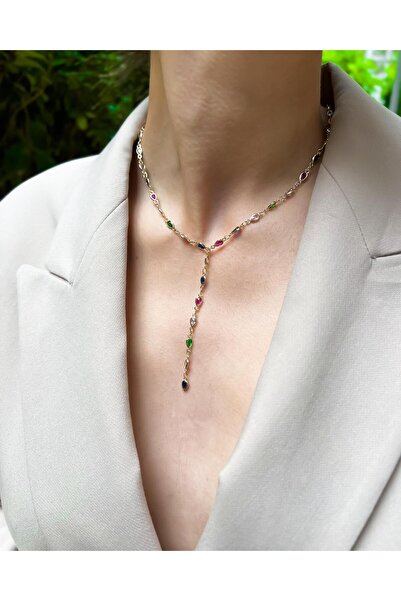 TAKIMOON Damla Şekilli Renkli Taşlı Y Model Kolye