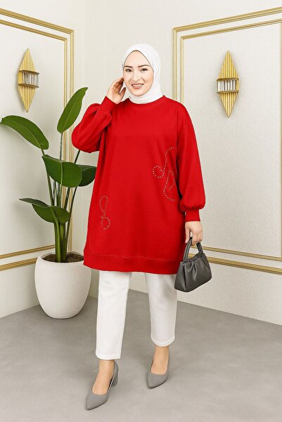 sd butique Salaş Sweatshirt Tunik- Inci Detaylı Kadın Tesettür Tunik - Rahat ...