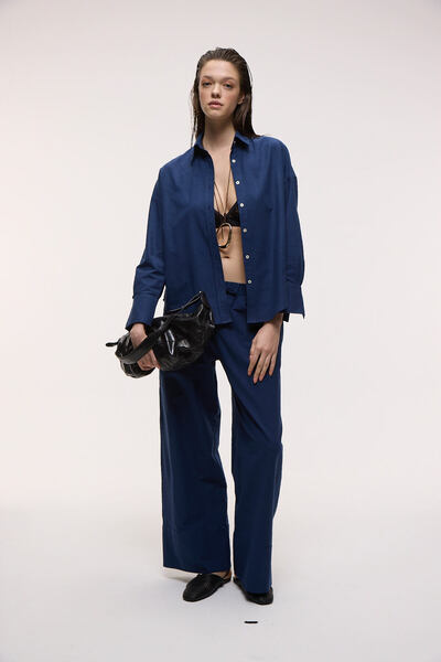 ETHIQUET MELANCHOLI Pantaloni pentru femei bumbac 100% cu aspect de in talie înaltă cu talie elastică, albastru marin