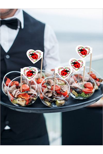 Home Ladybug and Flower Framed Heart Model Cake Presentation Toothpick 10cm 30 Pcs