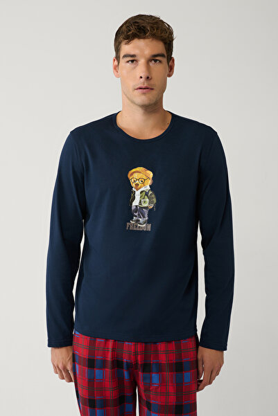 Avva Erkek Lacivert Bisiklet Yaka %100 Pamuk Ekoseli Özel Kutulu Pijama Takımı E003303